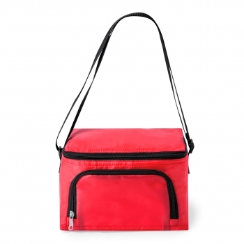 Nevera de poliéster 210D con bandolera ajustable y amplio bolsillo frontal — detalles en negro