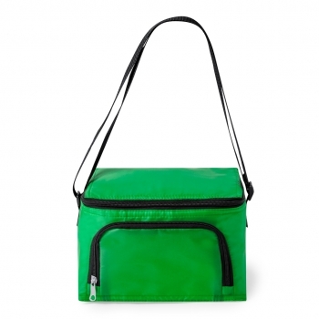 Nevera de poliéster 210D con bandolera ajustable y amplio bolsillo frontal — detalles en negro