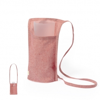 Portatodo de algodón 100% reciclado con asa larga y bolsillo para copas y vasos — etiqueta distintiva sostenible