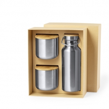 Set corporativo de bambú y acero inoxidable: Bidón térmico 500 ml + 2 Vasos térmicos 300 ml