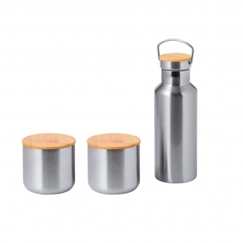 Set corporativo de bambú y acero inoxidable: Bidón térmico 500 ml + 2 Vasos térmicos 300 ml