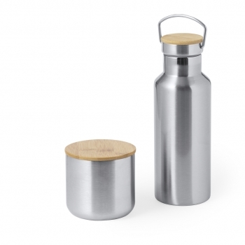 Set corporativo dúo de bambú y acero inox: Bidón térmico 500 ml + Vaso térmico 300 ml