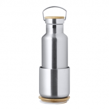 Set corporativo dúo de bambú y acero inox: Bidón térmico 500 ml + Vaso térmico 300 ml