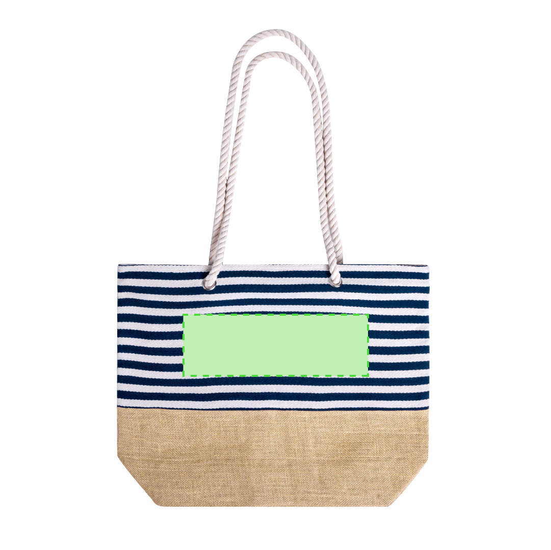 Bolsa de algodón de 450 g/m² con base de yute, diseño a rayas marineras y asas de cuerda con argollas — capacidad hasta 13 kg