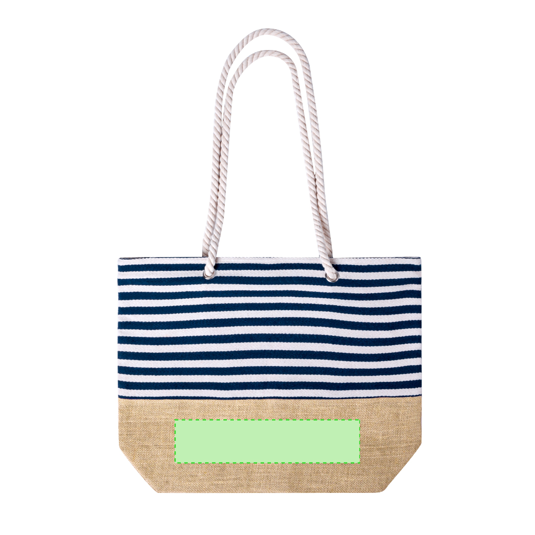 Bolsa de algodón de 450 g/m² con base de yute, diseño a rayas marineras y asas de cuerda con argollas — capacidad hasta 13 kg