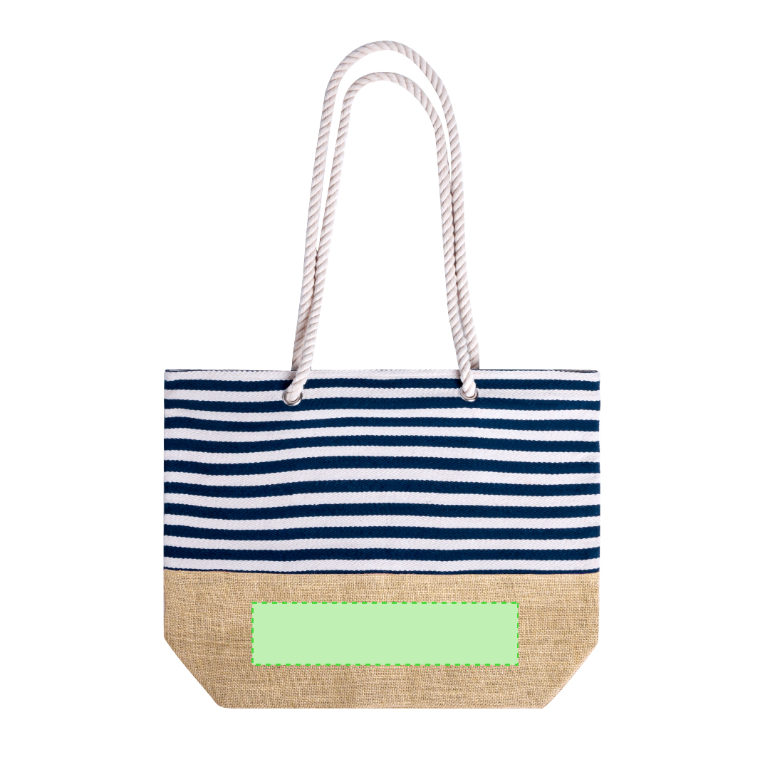 Bolsa de algodón de 450 g/m² con base de yute, diseño a rayas marineras y asas de cuerda con argollas — capacidad hasta 13 kg