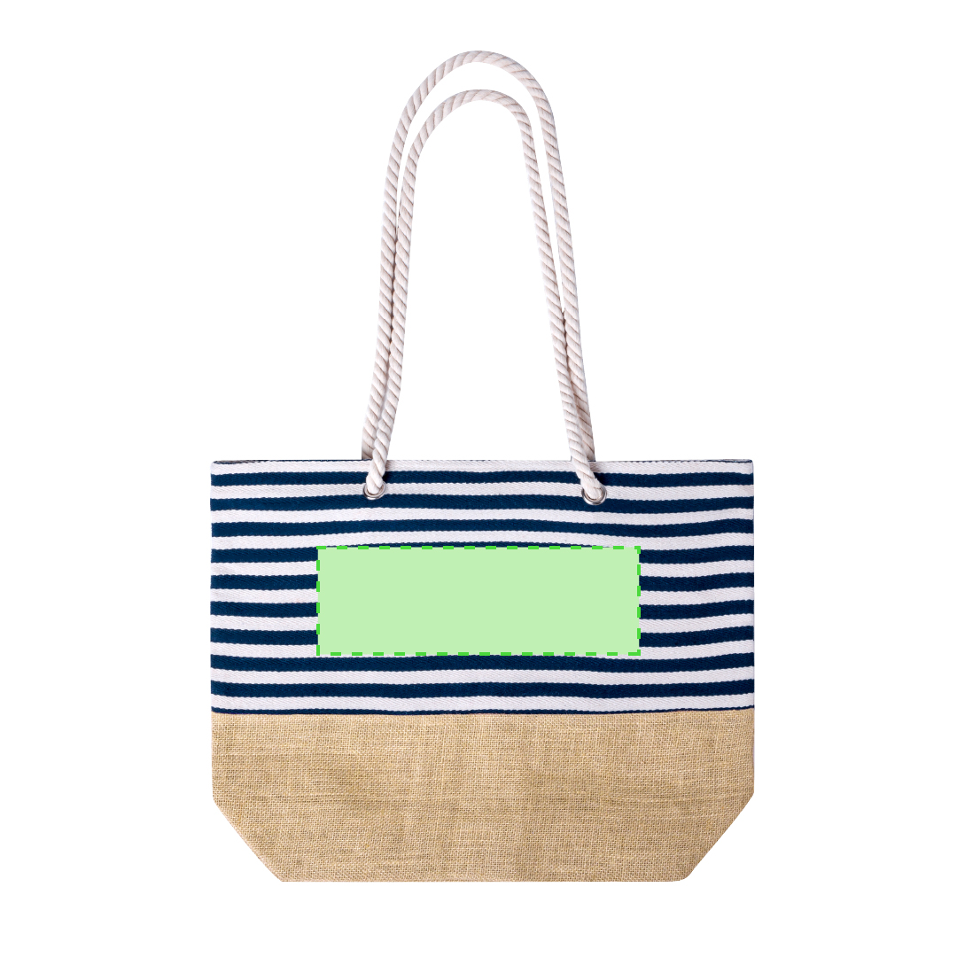 Bolsa de algodón de 450 g/m² con base de yute, diseño a rayas marineras y asas de cuerda con argollas — capacidad hasta 13 kg