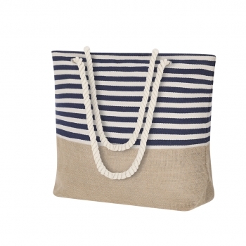 Bolsa de algodón de 450 g/m² con base de yute, diseño a rayas marineras y asas de cuerda con argollas — capacidad hasta 13 kg