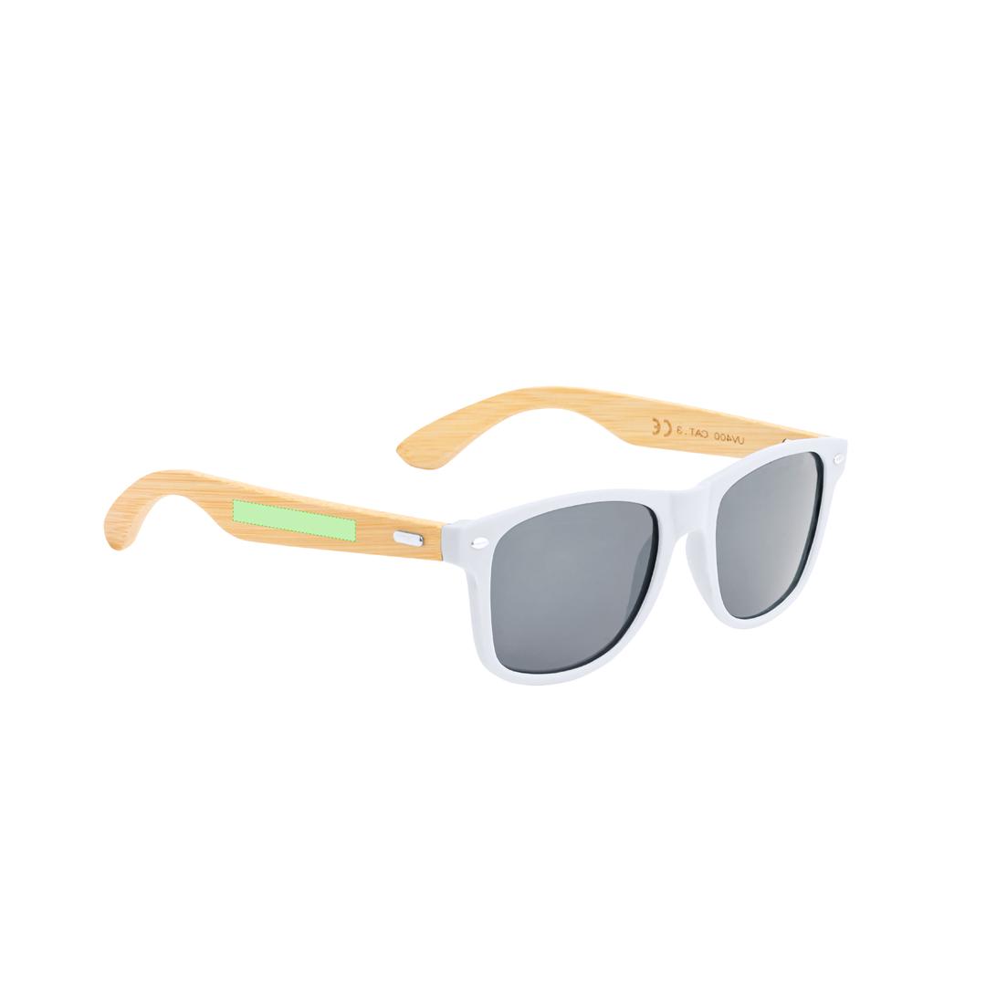 Gafas de sol de línea nature UV400 con montura de PC en colores y patillas de bambú — lentes AC espejo en combinación con la montura, en bolsa kraft