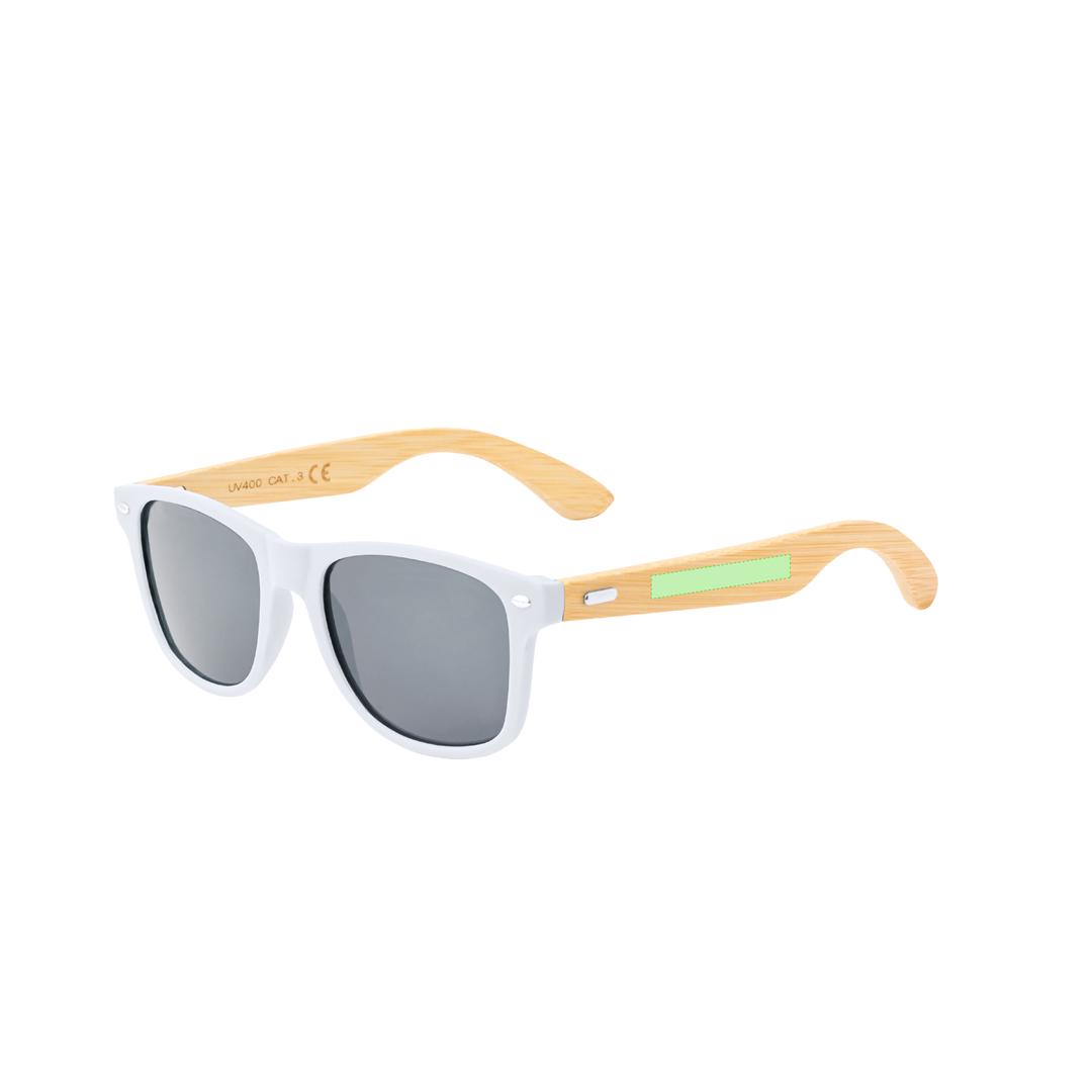 Gafas de sol de línea nature UV400 con montura de PC en colores y patillas de bambú — lentes AC espejo en combinación con la montura, en bolsa kraft