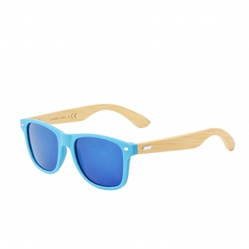 Gafas de sol de línea nature UV400 con montura de PC en colores y patillas de bambú — lentes AC espejo en combinación con la montura, en bolsa kraft