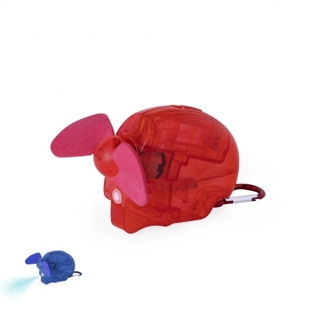 Ventilador vaporizador de 35 ml en cuerpo translúcido con aspas EVA y mosquetón a juego — presentado en caja individual (10x7 cm)