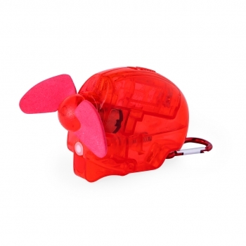 Ventilador vaporizador de 35 ml en cuerpo translúcido con aspas EVA y mosquetón a juego — presentado en caja individual (10x7 cm)