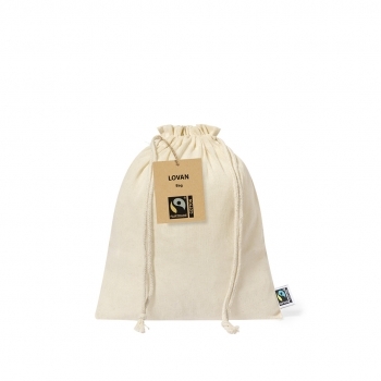 Bolsa de algodón Fairtrade 105 g/m² certificada en comercio justo — pequeña 15x21 cm con etiqueta Fairtrade