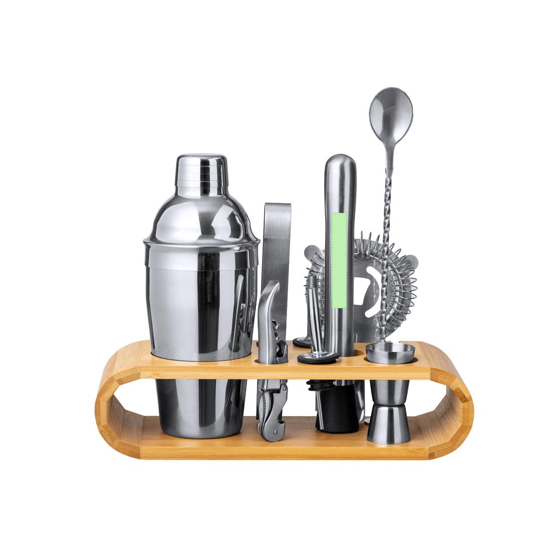 Set de cóctel profesional de bambú y acero inoxidable con coctelera 550 ml y 9 accesorios
