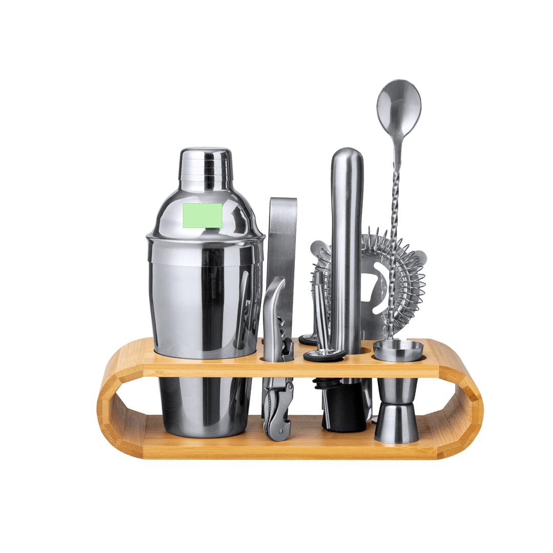 Set de cóctel profesional de bambú y acero inoxidable con coctelera 550 ml y 9 accesorios