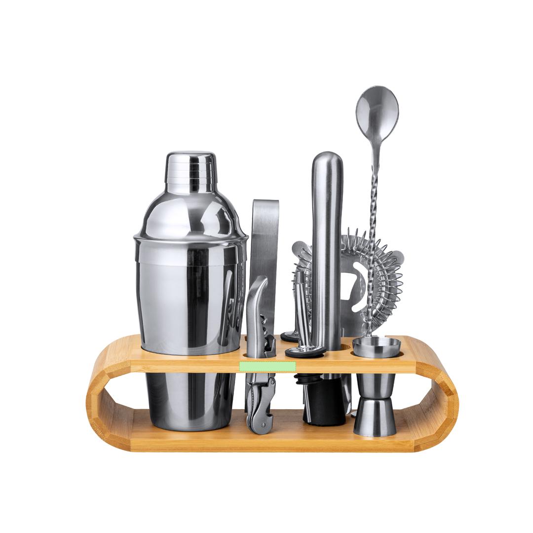 Set de cóctel profesional de bambú y acero inoxidable con coctelera 550 ml y 9 accesorios