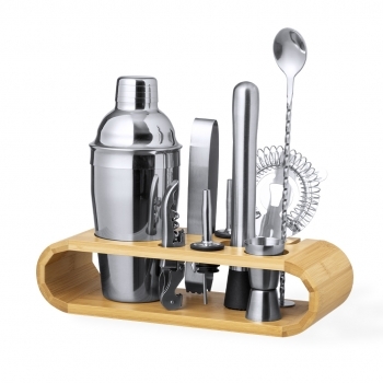 Set de cóctel profesional de bambú y acero inoxidable con coctelera 550 ml y 9 accesorios