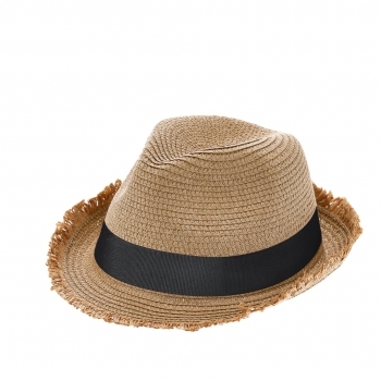 Sombrero elegante de paja de papel con bordes en flecos y doble cinta interior y ajustable
