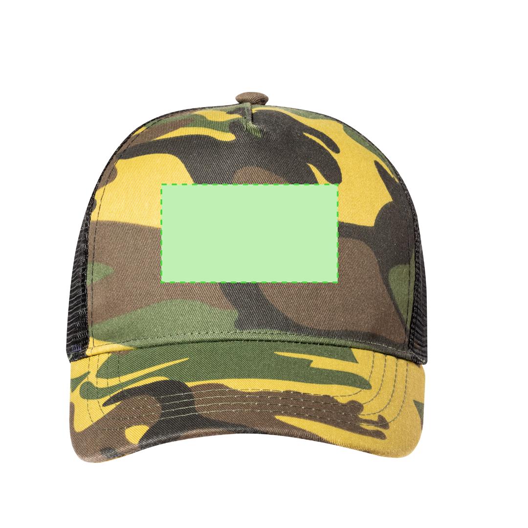 Gorra 5 paneles de RPET reciclado con rejilla y diseño de camuflaje o verde militar