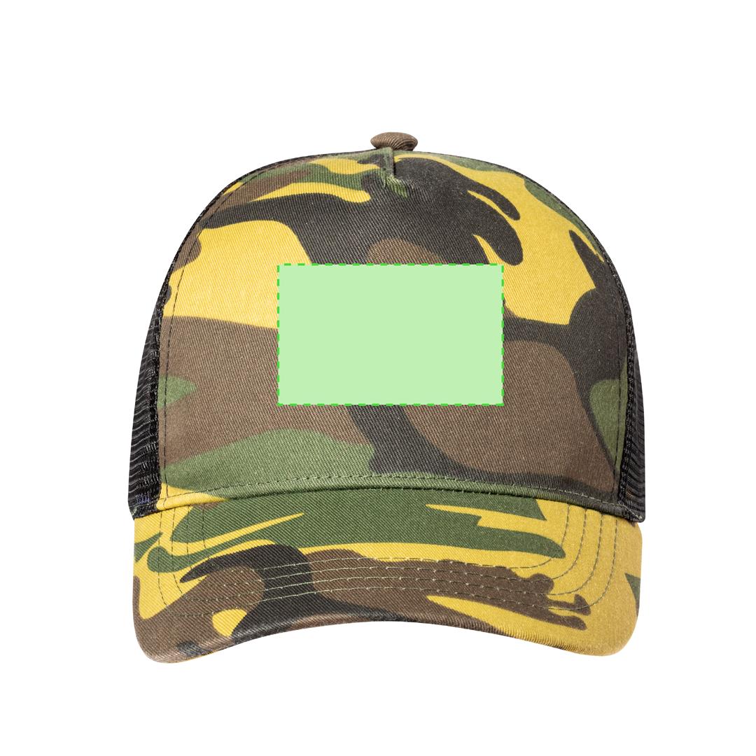 Gorra 5 paneles de RPET reciclado con rejilla y diseño de camuflaje o verde militar