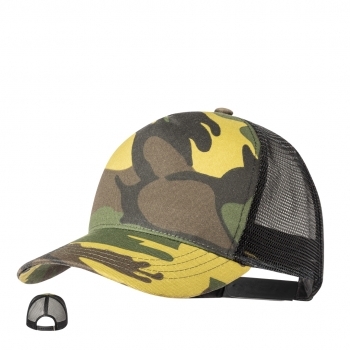 Gorra 5 paneles de RPET reciclado con rejilla y diseño de camuflaje o verde militar