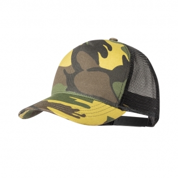 Gorra 5 paneles de RPET reciclado con rejilla y diseño de camuflaje o verde militar