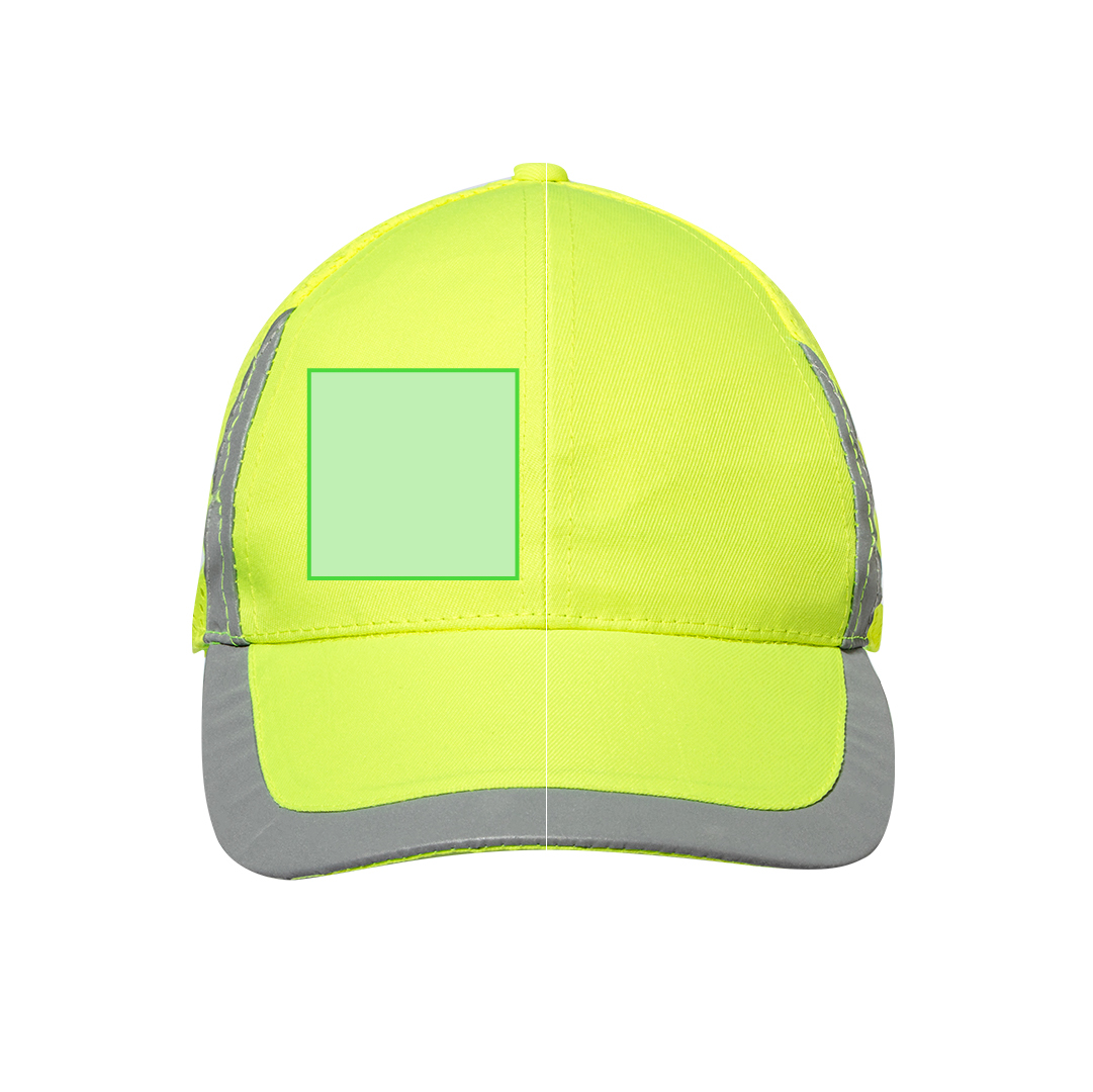 Gorra deportiva 6 paneles de poliéster en amarillo flúor con detalles reflectantes y redecilla trasera
