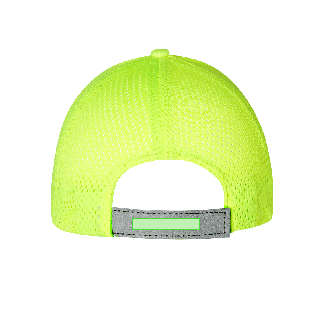 Gorra deportiva 6 paneles de poliéster en amarillo flúor con detalles reflectantes y redecilla trasera