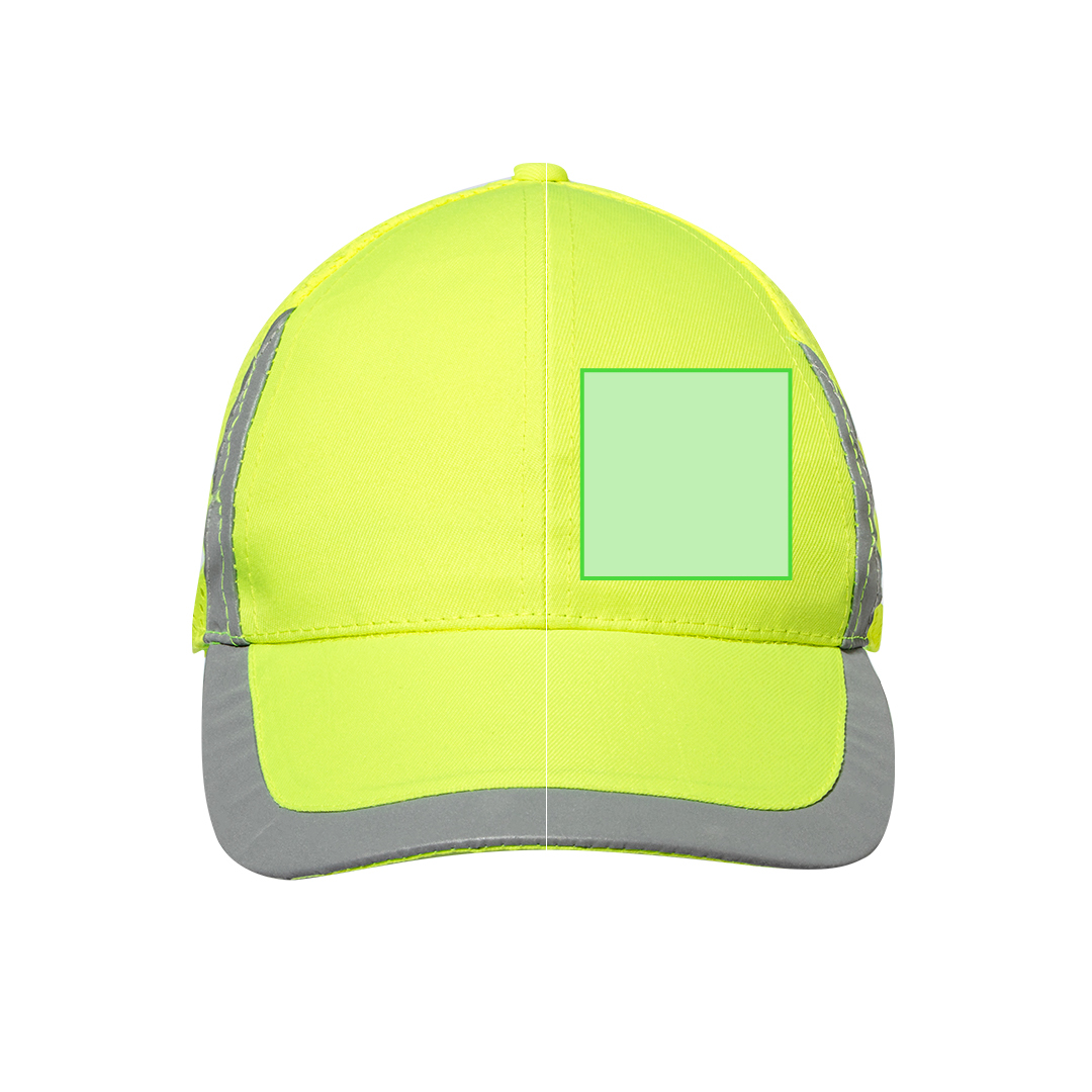 Gorra deportiva 6 paneles de poliéster en amarillo flúor con detalles reflectantes y redecilla trasera