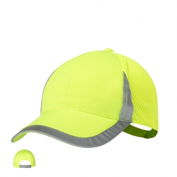 Gorra deportiva 6 paneles de poliéster en amarillo flúor con detalles reflectantes y redecilla trasera