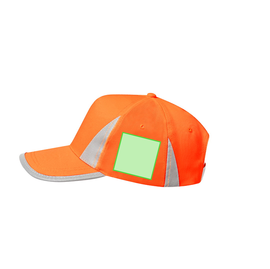 Gorra 5 paneles de poliéster en colores flúor con cierre de velcro reflectante y detalles reflectantes
