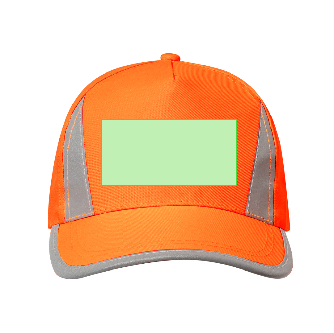 Gorra 5 paneles de poliéster en colores flúor con cierre de velcro reflectante y detalles reflectantes
