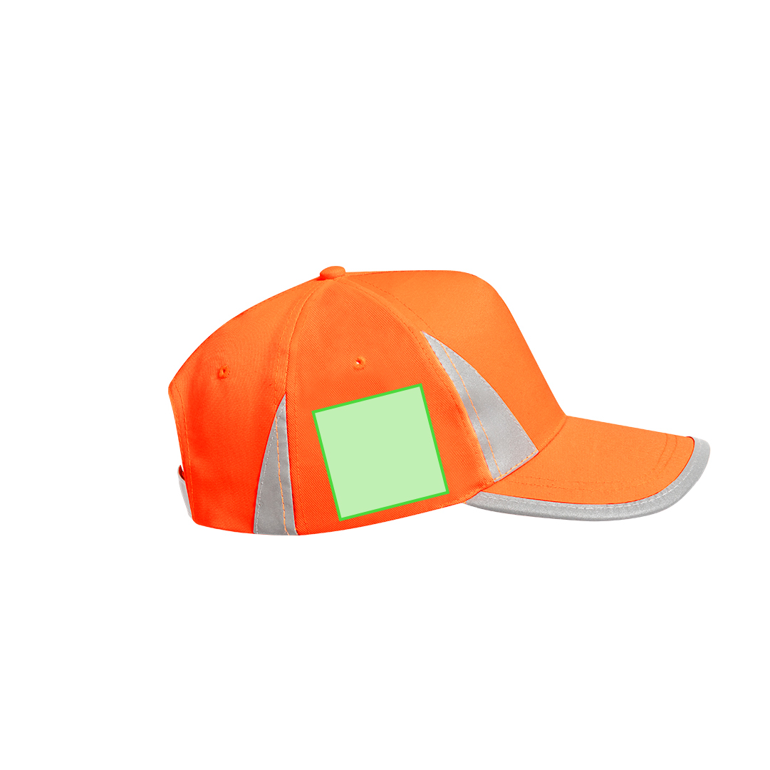 Gorra 5 paneles de poliéster en colores flúor con cierre de velcro reflectante y detalles reflectantes