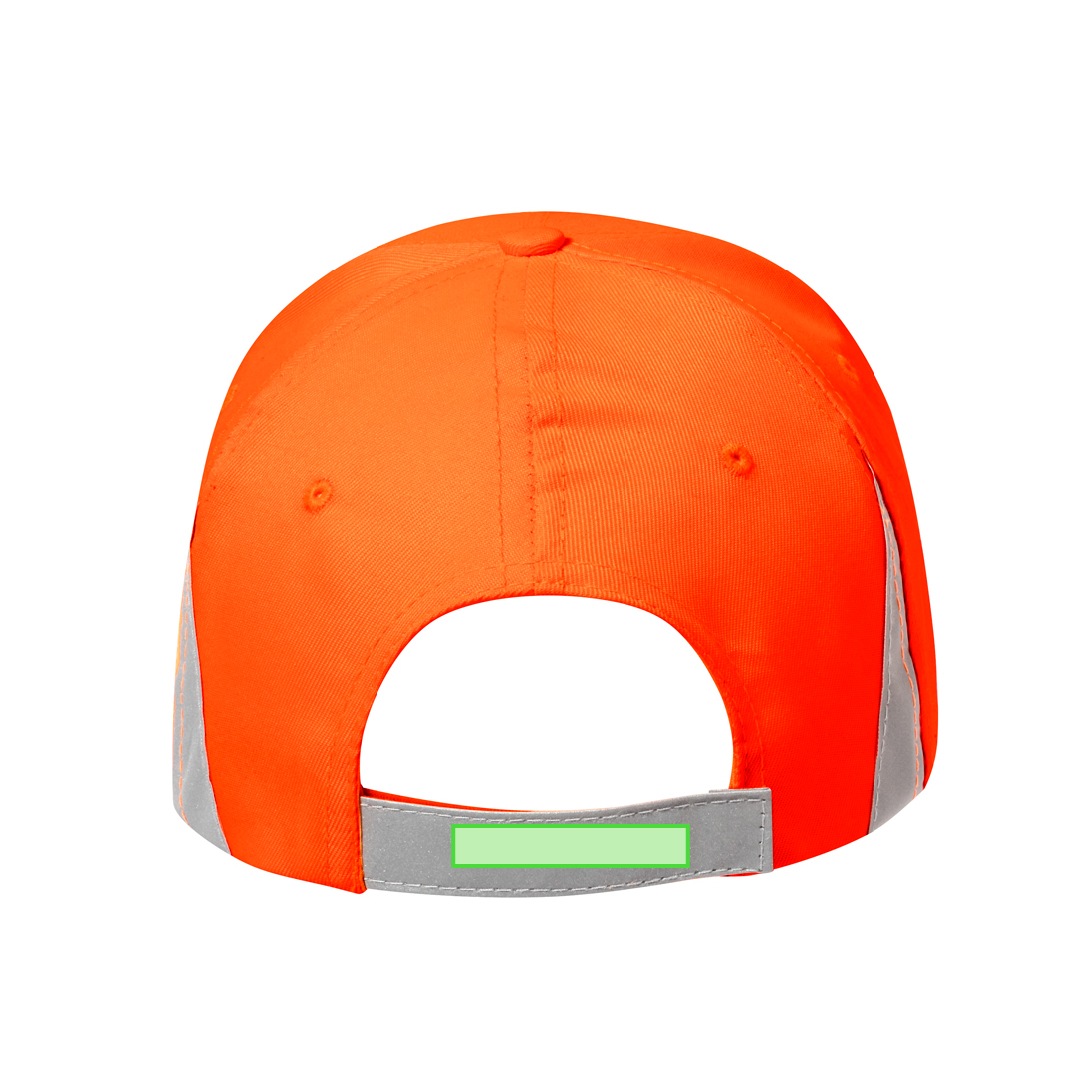 Gorra 5 paneles de poliéster en colores flúor con cierre de velcro reflectante y detalles reflectantes