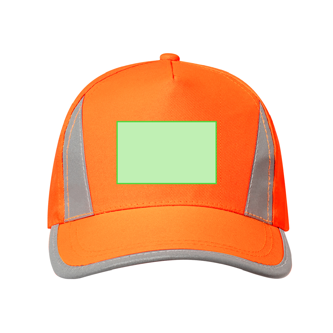 Gorra 5 paneles de poliéster en colores flúor con cierre de velcro reflectante y detalles reflectantes