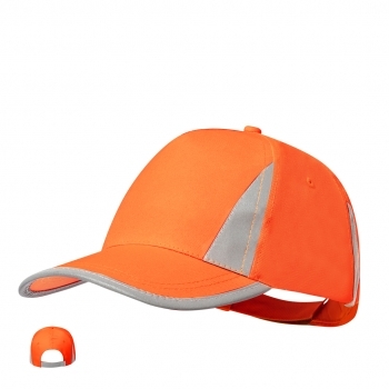 Gorra 5 paneles de poliéster en colores flúor con cierre de velcro reflectante y detalles reflectantes
