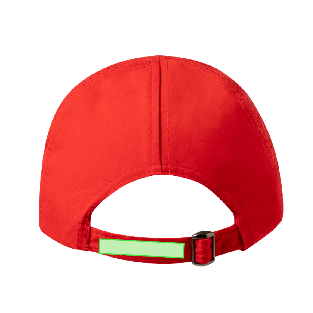 Gorra deportiva 5 paneles de microfibra con redecilla transpirable lateral y cierre de hebilla