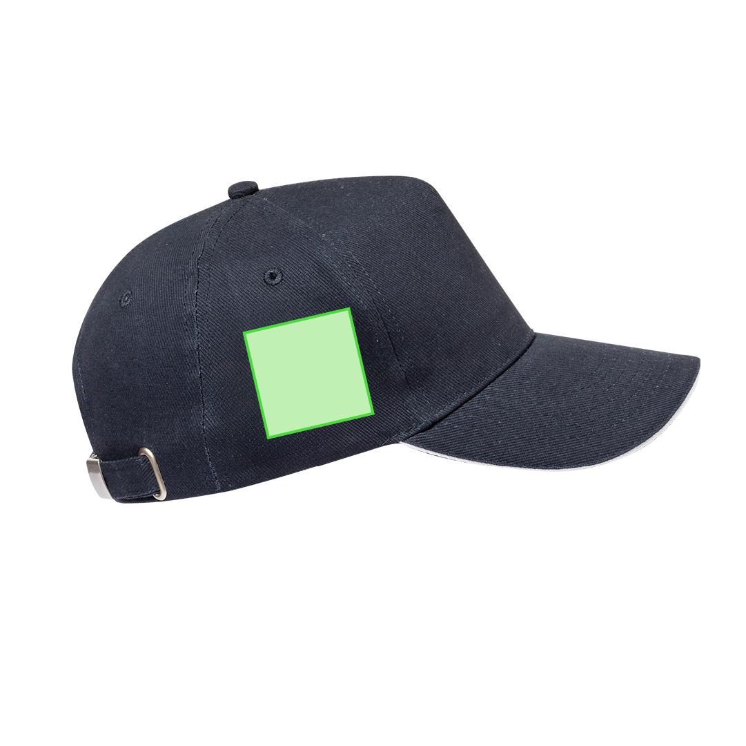 Gorra 5 paneles de algodón peinado 250 g/m² con sandwich en color, visera acolchada y cierre de hebilla
