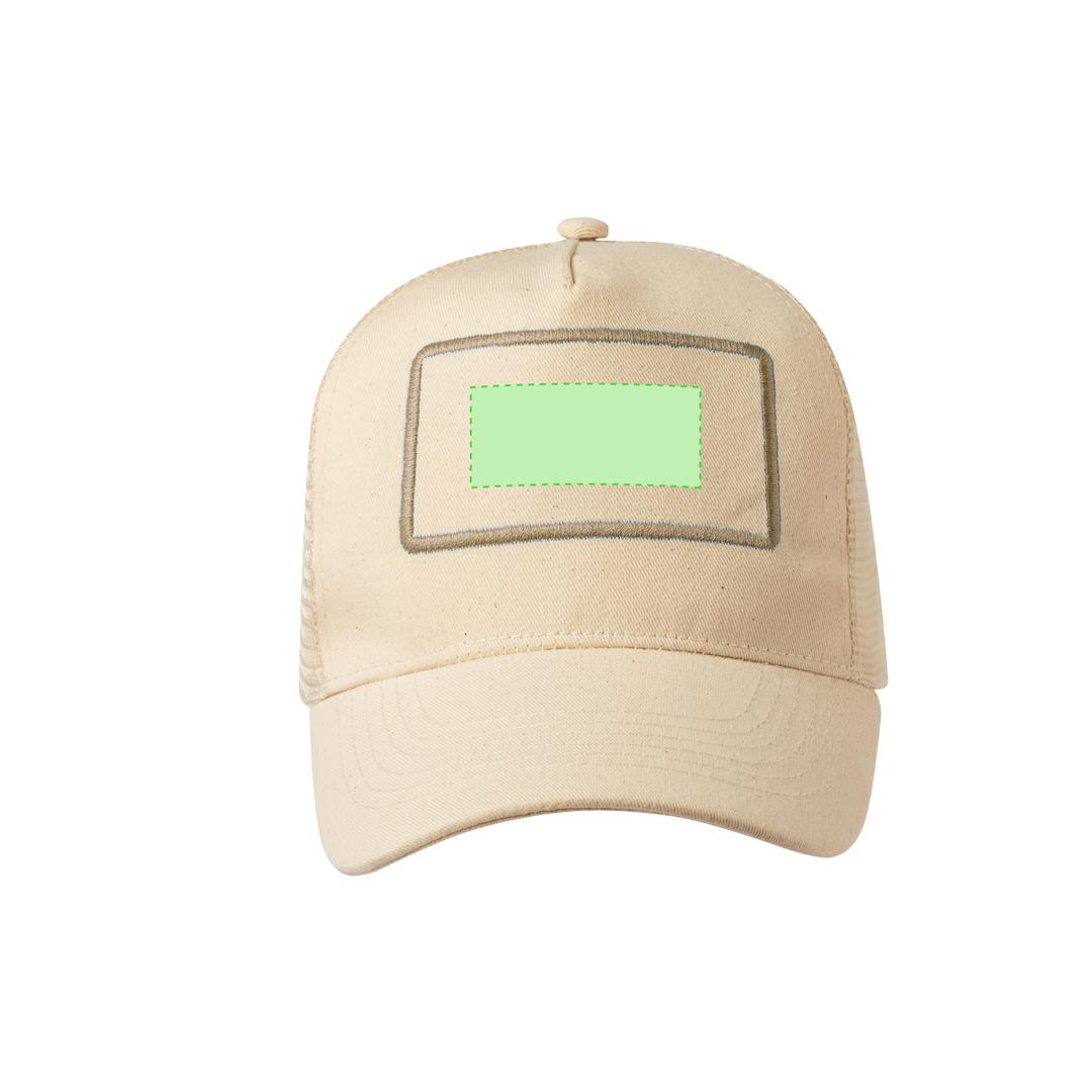 Gorra trucker 5 paneles de RPET reciclado con marco frontal cosido, redecilla trasera y cierre de plástico