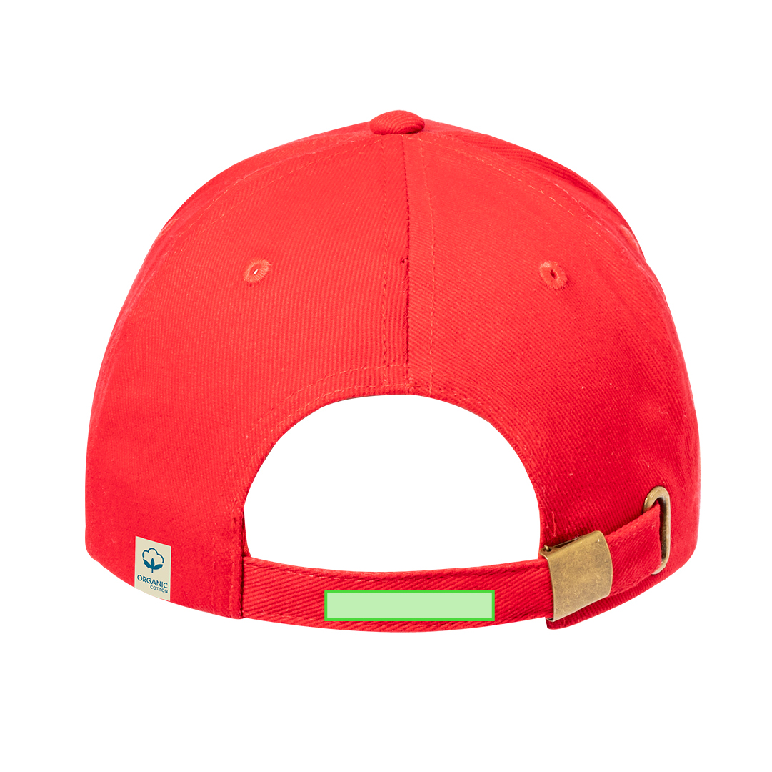 Gorra 5 paneles de algodón orgánico con ventilación bordada, cierre de hebilla metálica y logo en etiqueta