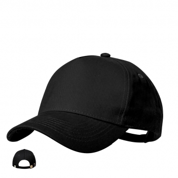 Gorra 5 paneles de algodón orgánico con ventilación bordada, cierre de hebilla metálica y logo en etiqueta