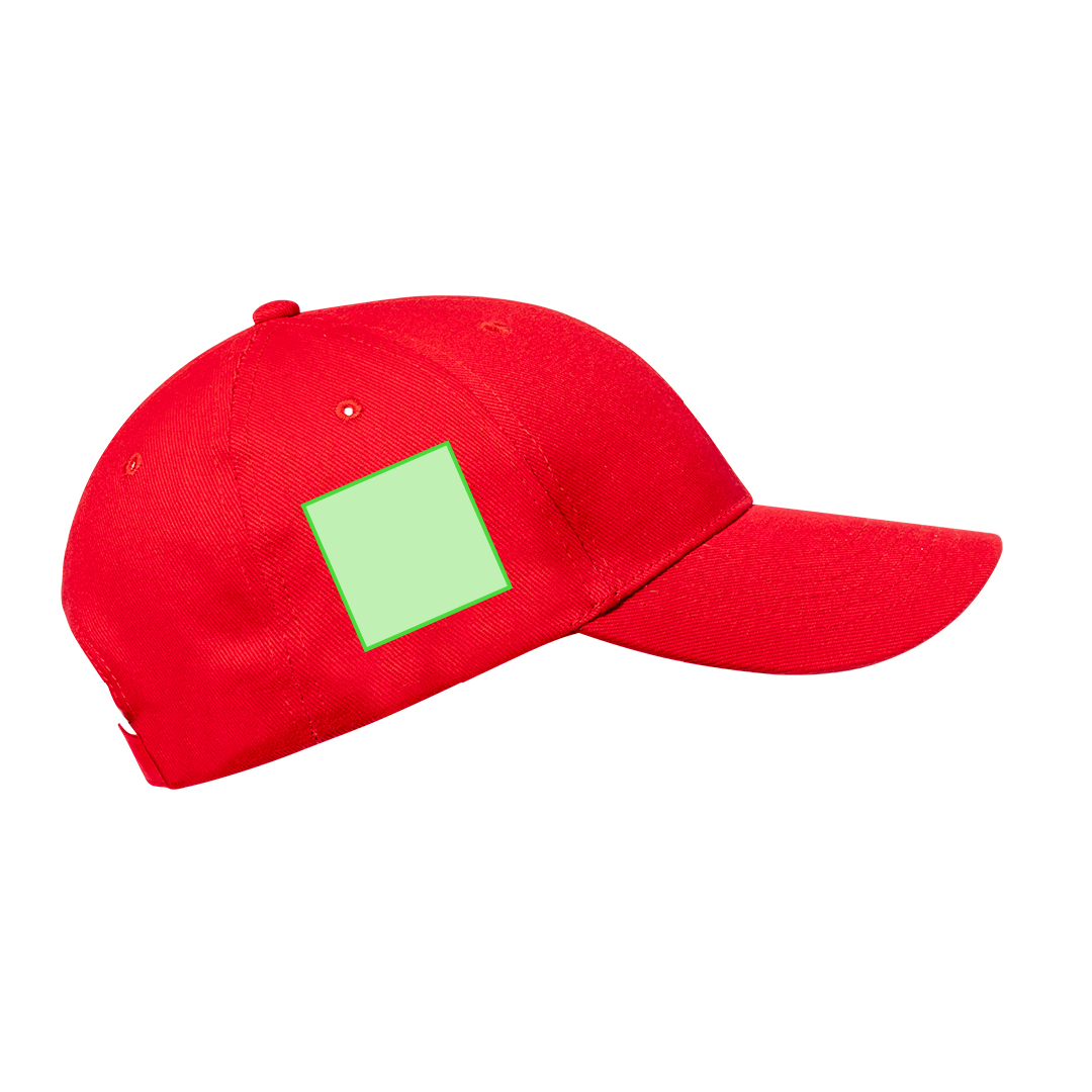 Gorra 6 paneles de algodón orgánico con ventilación bordada, cierre de hebilla metálica y logo en etiqueta