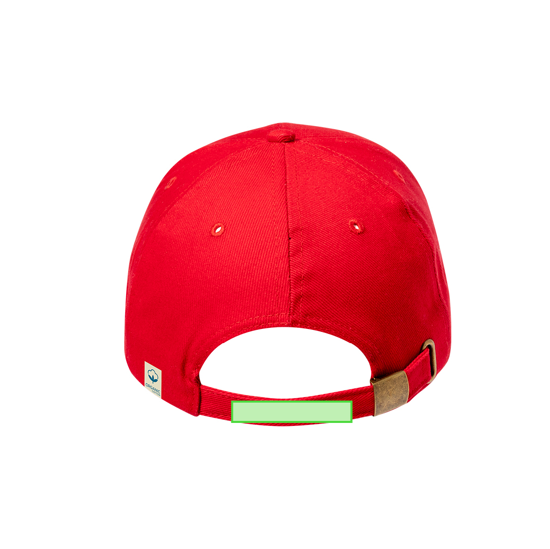 Gorra 6 paneles de algodón orgánico con ventilación bordada, cierre de hebilla metálica y logo en etiqueta