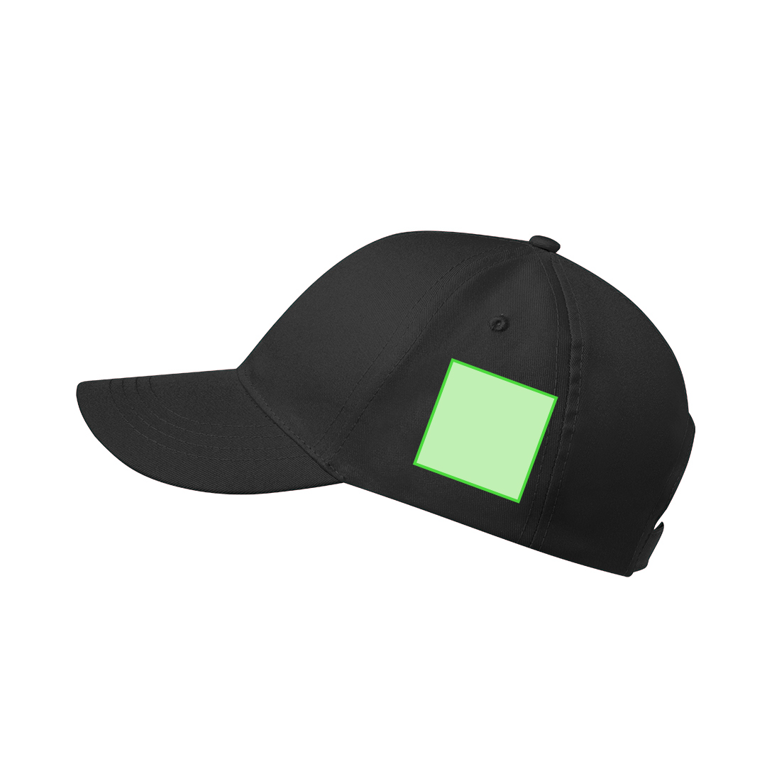 Gorra 6 paneles de poliéster RPET reciclado con cierre de velcro y etiqueta distintiva RPET