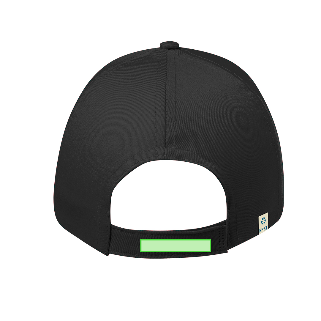 Gorra 6 paneles de poliéster RPET reciclado con cierre de velcro y etiqueta distintiva RPET