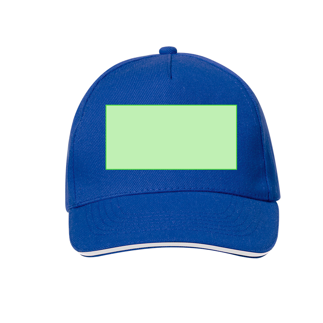 Gorra 5 paneles de RPET reciclado con sandwich en color, visera acolchada y etiqueta RPET