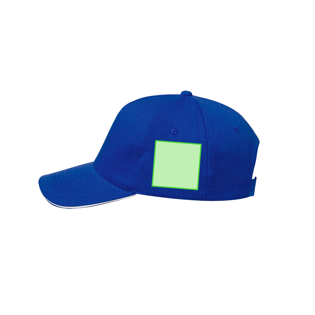 Gorra 5 paneles de RPET reciclado con sandwich en color, visera acolchada y etiqueta RPET