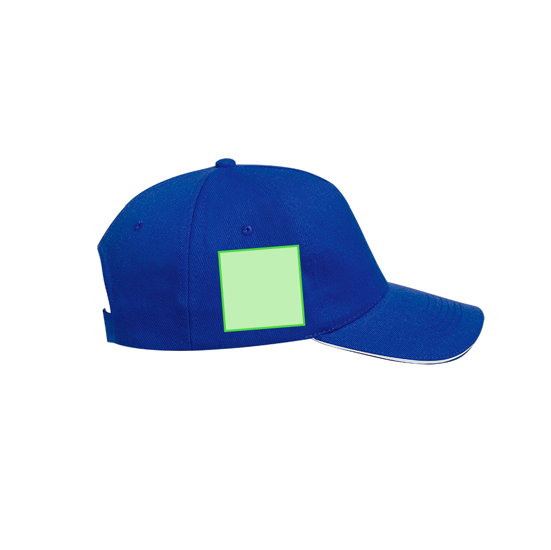 Gorra 5 paneles de RPET reciclado con sandwich en color, visera acolchada y etiqueta RPET