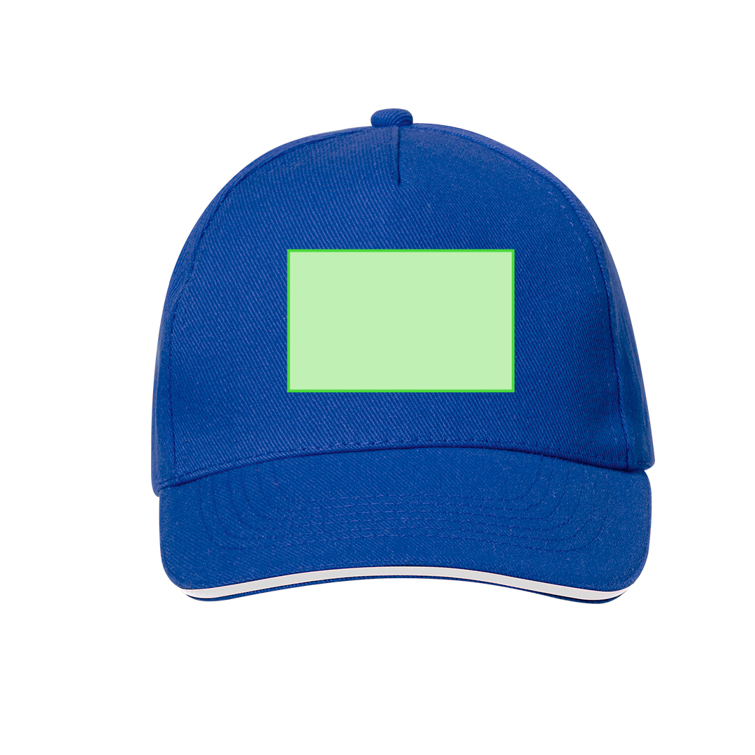 Gorra 5 paneles de RPET reciclado con sandwich en color, visera acolchada y etiqueta RPET